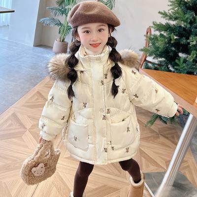 Winter Girls Hooded Thick Warm Embroidery Bear Parkas Kids Casual Coat Outerwear