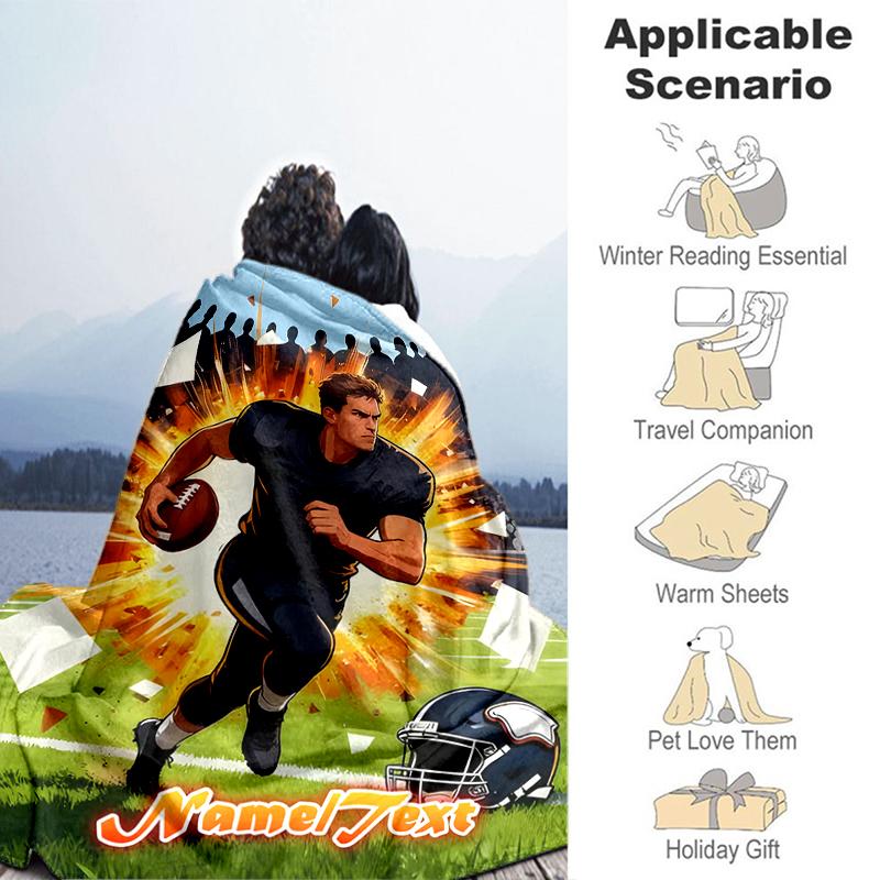 1PC Custom Name Football Player Action outdooor Flannel blankets Throw Blanket All-Season Throw Gift Bedspread for Couch, Bed, Camping Holiday Birthda