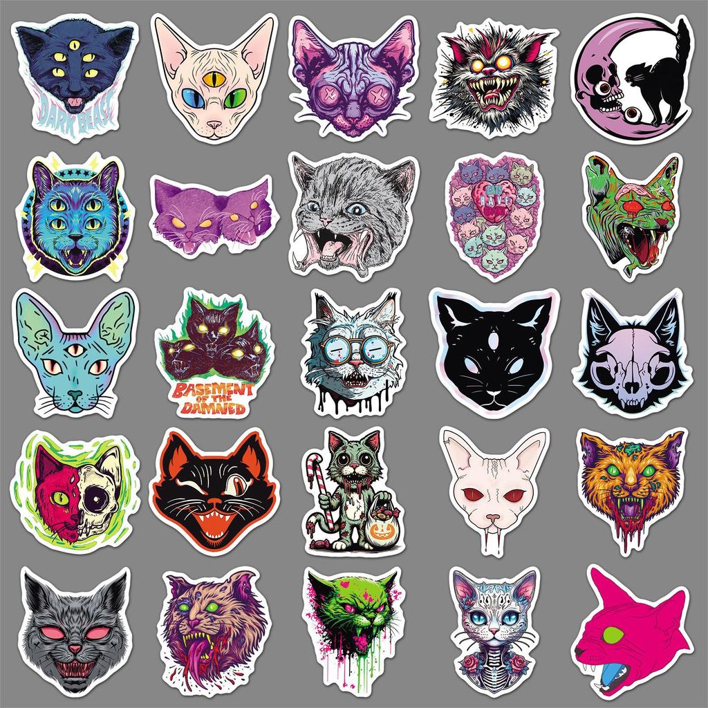 50 Scary Cat Stickers for Halloween Decoration, Creative Waterproof Planner, Water Cup and Suitcase Stickers