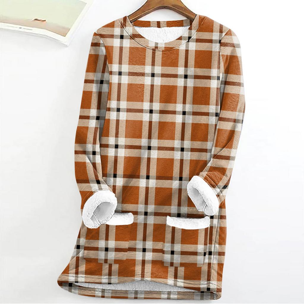 Women's Fashion Plaid Print Round Neck Long Sleeve Plush Winter Warm Pullover Top