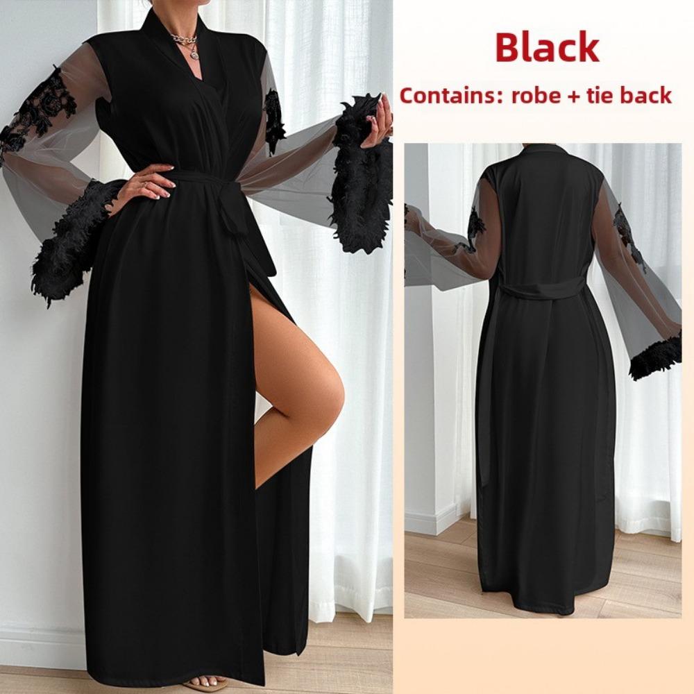 Satin Pajamas Women's Lace Light Luxury Long-sleeved Cool Nightgown Bathrobe Loungewear