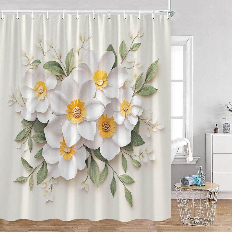 Luxury Gold White Floral Shower Curtain Rose Butterfly Cherry Blossom Modern Art Flower Polyester Fabric Bathroom Curtains Dec