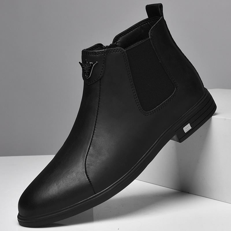 Zimní plyšové teplé pánské Chelsea boty Formální Business Vysoké boty Britský styl Pravá kůže Pánské Svatební boty Kotníkové boty