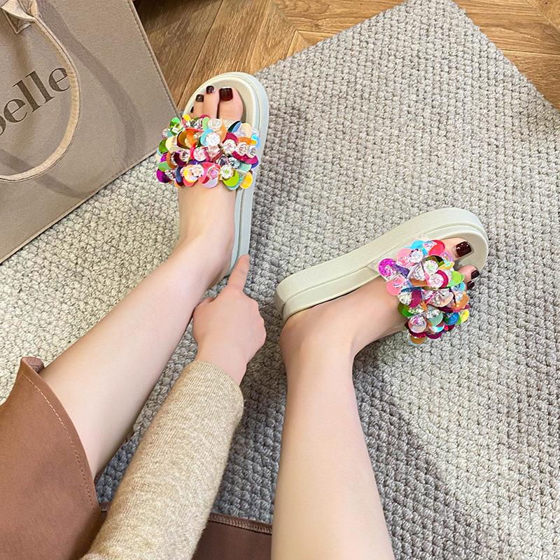 

Сланцы со стразами женские 2025 новая летняя мода универсальная платформа мягкая подошва женские сандалии пляжная обувь 31 белый