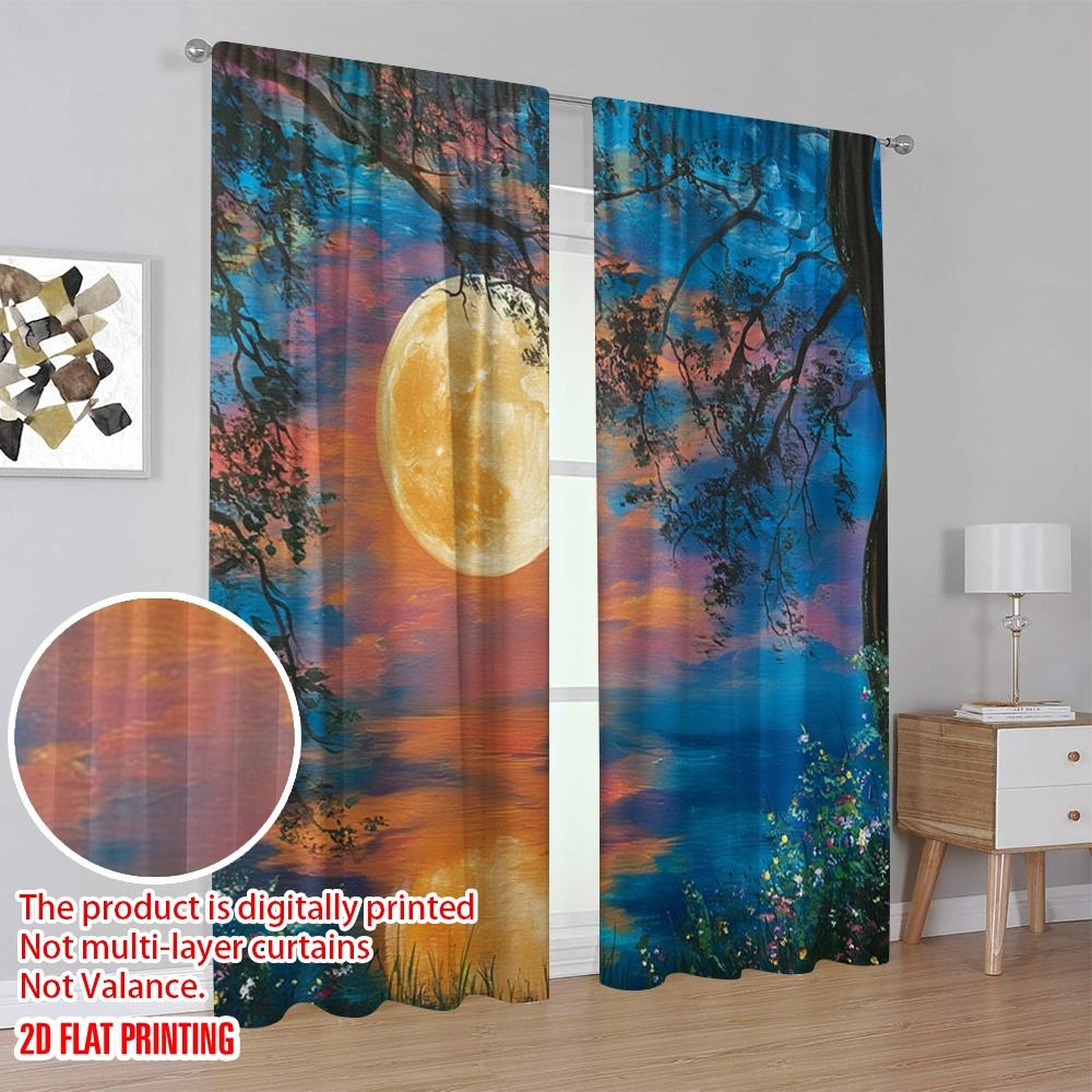 2pcs,2D Plane Printing Contemporary Curtains Moonlit Canvas Polyester (without Rod) Festive Use for Kitchen Living Room Office
