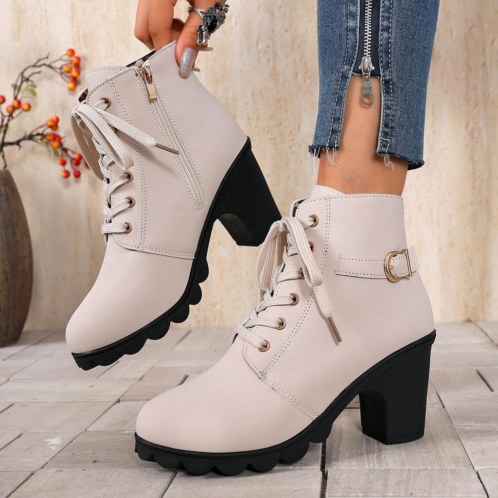 Fashion Women Ankle Boots Spring Winter High Quality Boots Lace-up Luxury Shoes Ladies Comfortable Outdoor High Heels Boots Women