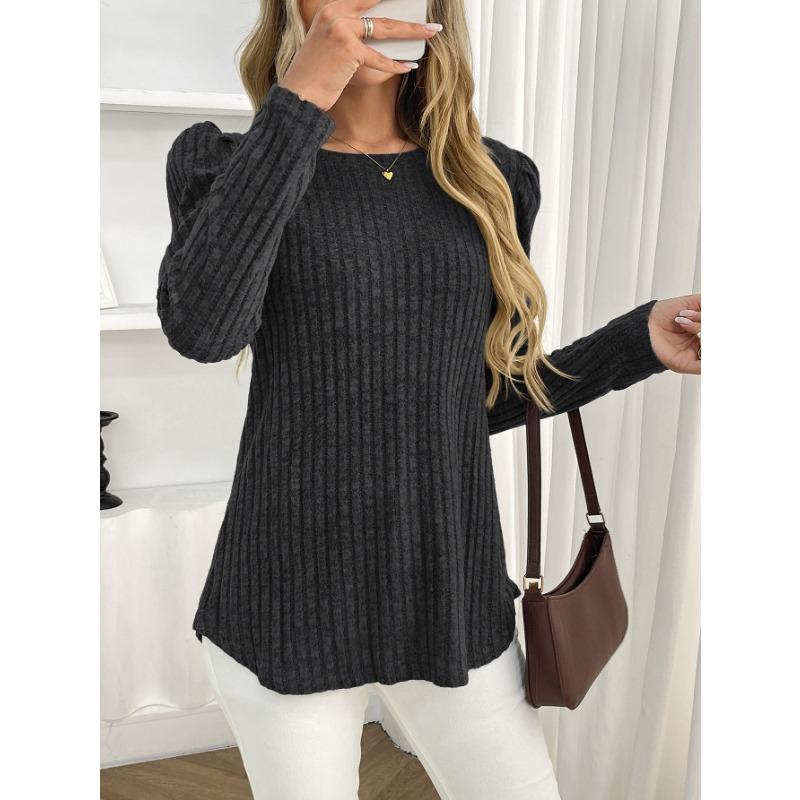 Women Solid Crew Neck Puff Sleeve Long Sleeve Brushed Striped T Shirt Top