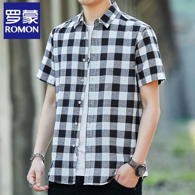 Romon Men s Pure Cotton Loose Fit Plaid Short Sleeve Casual Shirt 2XL