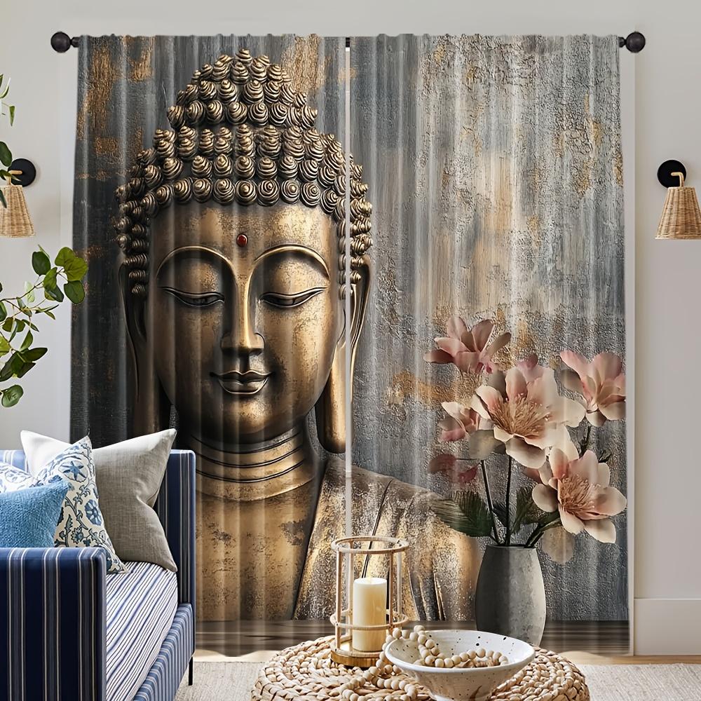2pcs Buddha Head Print Curtains Magnolia Flower Pattern Zen Style Polyester Window Drapes for Living Room Bedroom Decor