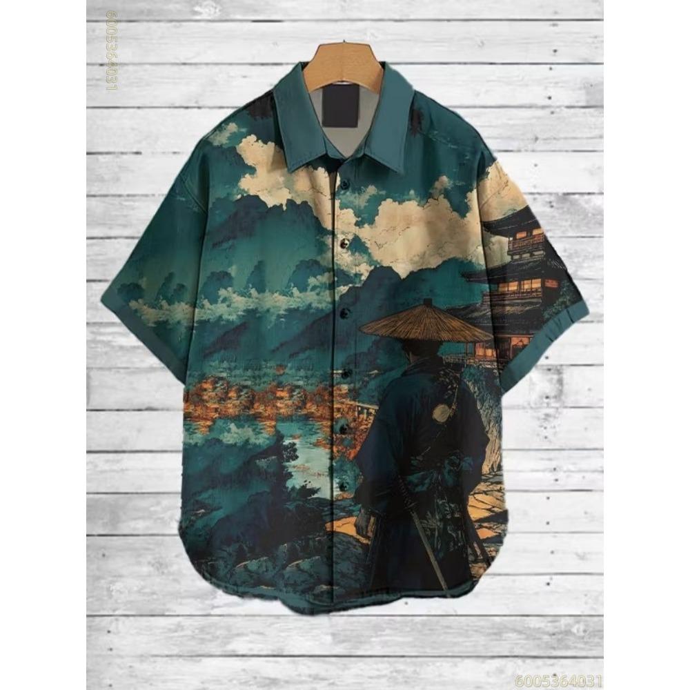 2026 New Men's Striped Sun God Totem Print Hawaiian Collar Short-Sleeve Shirt, Casual, Loose, Comfortable, and Versatile Top