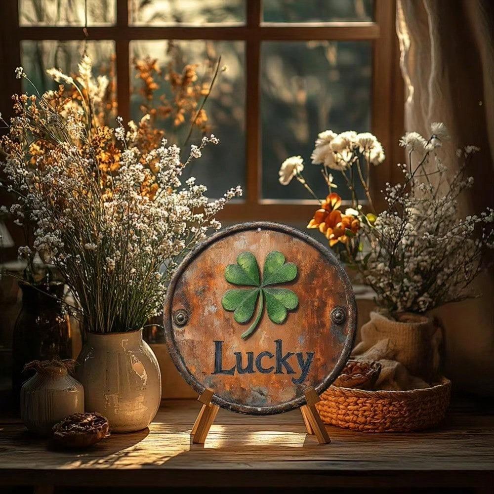 Retro Lucky Four Leaf Clover Round Metal Sign 8x8 Inch Wall Art for Indoor Outdoor Home Kitchen Living Room Decor