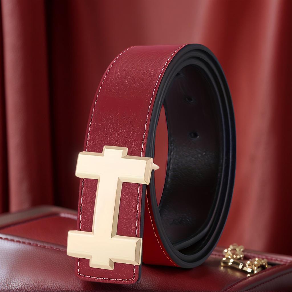 Unisex Korean H Buckle Genuine Leather Belt with Lychee Grain Design