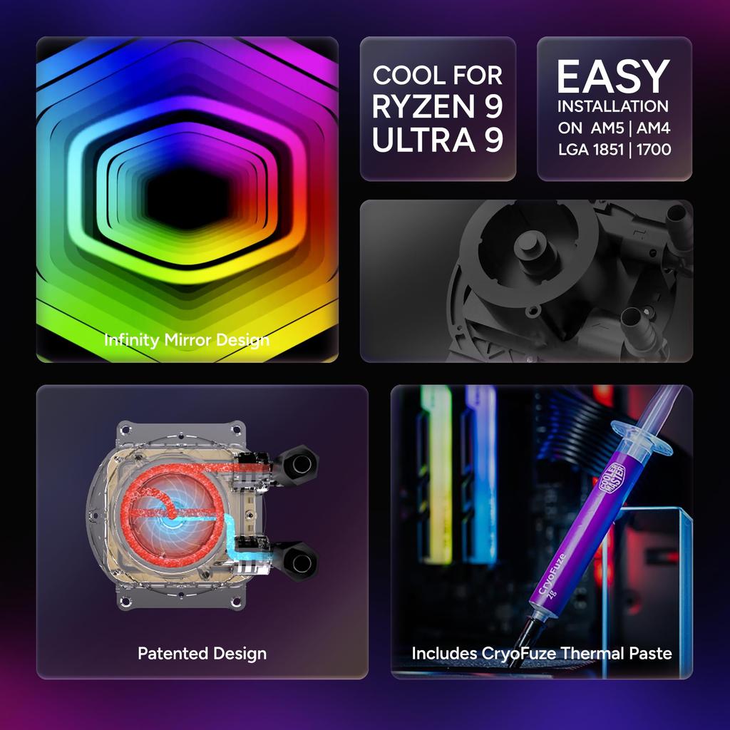 Cooler Líquido para CPU AIO Cooler Master 360 Core II, R9U9i9, Bomba G9R de Câmara Dupla, Espelho Infinito aRGB, Tubos de 400mm, Radiador de 360mm, Ventoinha PWM de 120mm, AMD