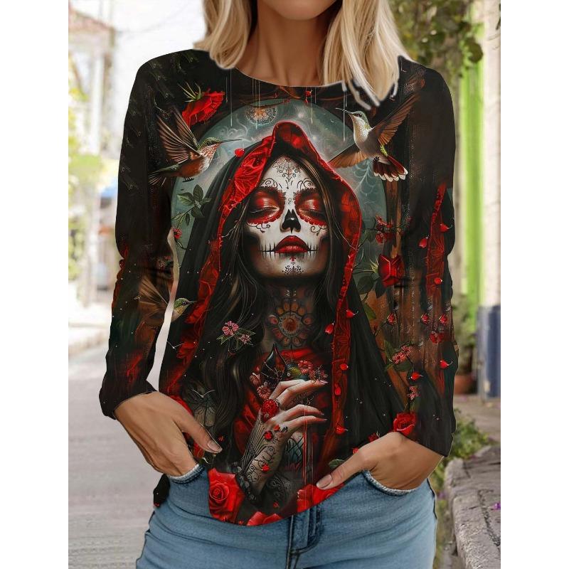 Sugar Skull Pattern Womens Long Sleeve Shirt Day of the Dead Shirts Summer 3D Printed Tops y2k Gothic style Women's Clothing