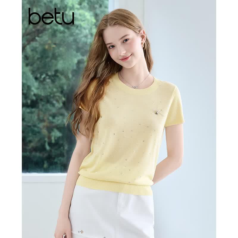BETU Women s Rhinestone Knit Short-Sleeve Top S