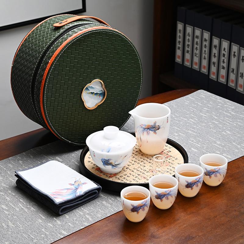 Ice Suet Jade Porcelain Travel Tea Set Outdoor Portable Ceramic Cover Bowl Tea Cup Complete Set Business Souvenir