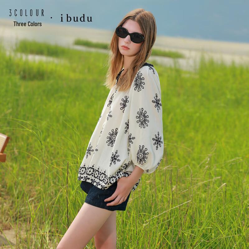 Sancai 2025 Fall Floral Lace Tie-Front V-Neck Blouse M