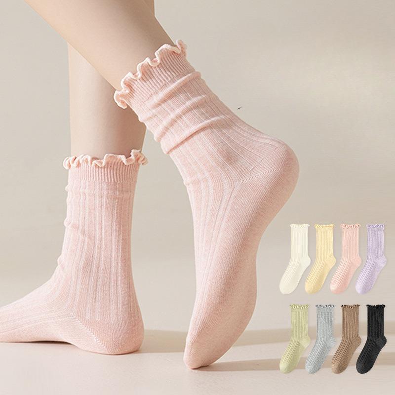 

Boneless Socks, Women s Summer Breathable Cotton Socks, Solid Color Mid-calf Socks, Black Fungus Lace, Spring and Autumn Pile Socks 1 pair