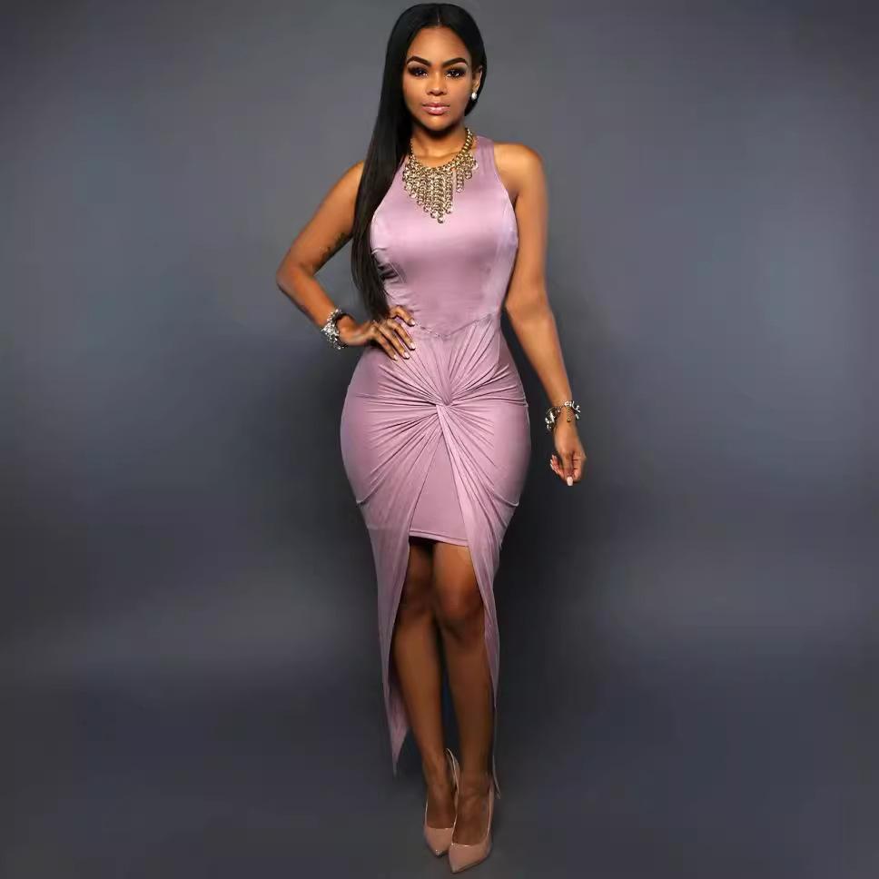 Summer popular fashion party dress round neck sleeveless knotted pleated nightclub dress LQ0365