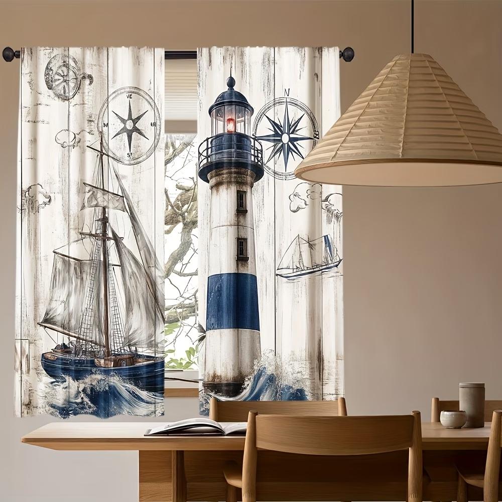 2PCS Digital Printed Curtains, Sailboat Lighthouse Nautical Coastal Ocean, Window Drapes for Living Room Bedroom Home Decoration