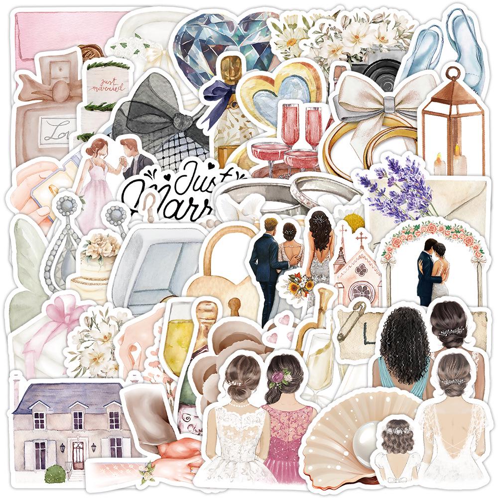 50 Watercolor Wedding Doodle Stickers - Waterproof Decorative Set for Water Bottles & Computers