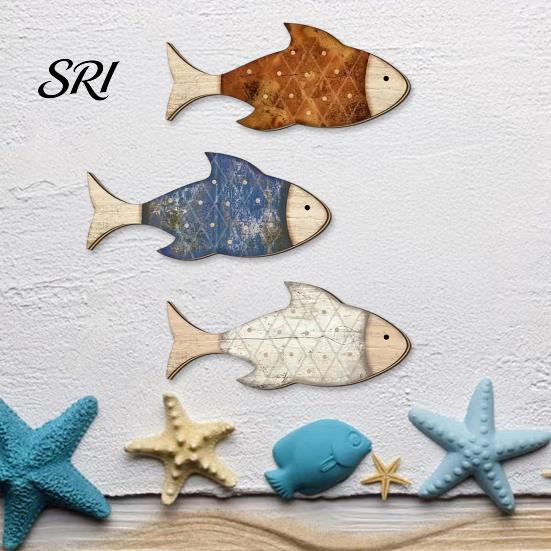 Eco-friendly Wall Decor 3 Pcs Rustic Wood Fish Art Beach Nautical Hanging Living Room Ocean Sculpture for Home Bathroom Solid