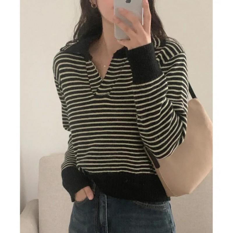 Striped Knit Sweater Women 2026 Fall Winter Loose Lazy Fit Contrast Color Collar Inner Outer Wear