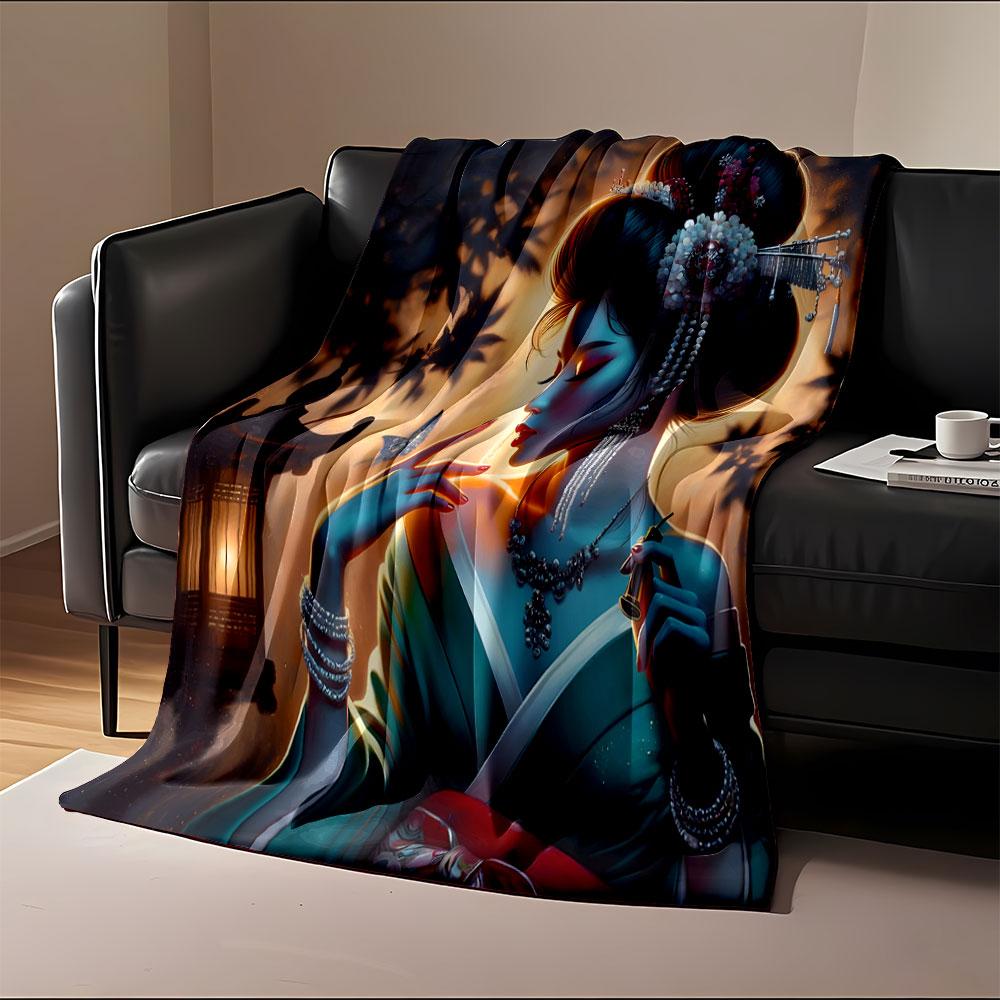 Elegant Geisha with Lantern and Butterfly print blanket soft and cozy perfect for the living room bed sofa or a nap,gift