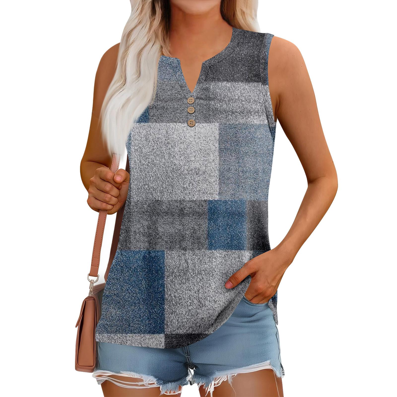 

Жіноча літня безрукавка без рукавів вільний топ з V-подібним вирізом та коротким рукавом L синій