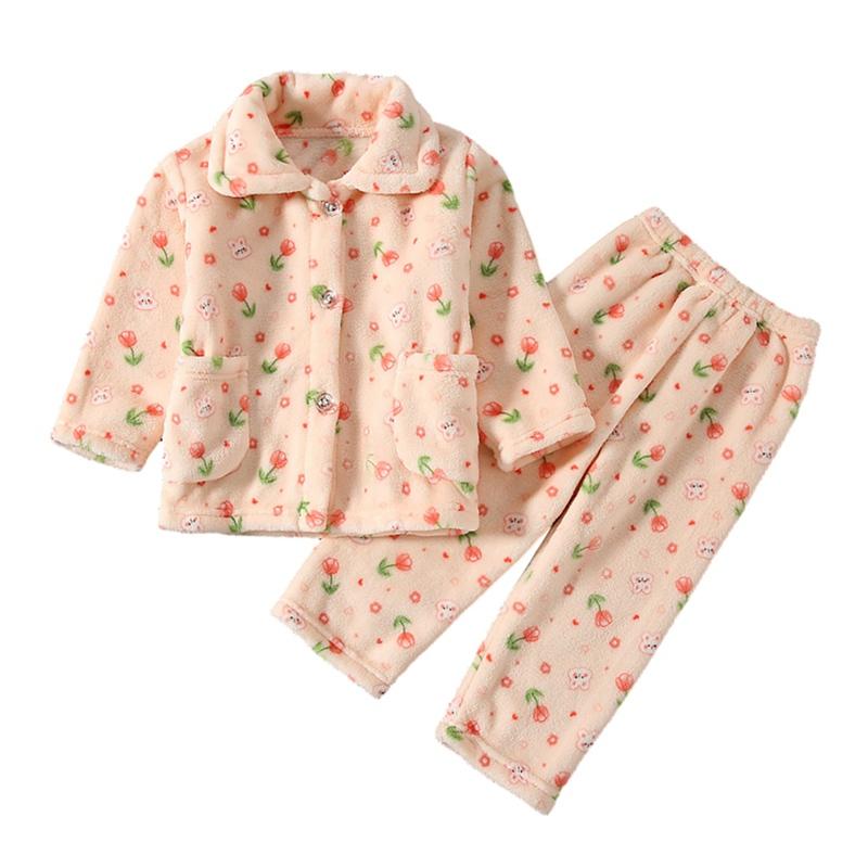 1-14 let Dětská kreslená tištěná teplá zahuštěná pyžamová souprava fleecové domácí oblečení