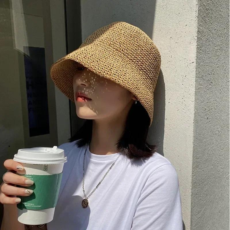Fashion Beach Korean Straw Hat Women Visor Bucket Hat Fisherman Hat Hand Weaving Panama Girl Fishing Chapeau Sun Hats for Women