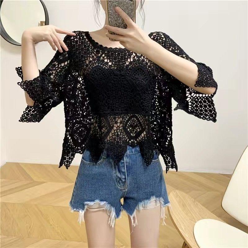 2025 Women's Casual Lace Blouse: Short Sleeve Crochet Shawl, Hollow Out, Fashionable Knit Top