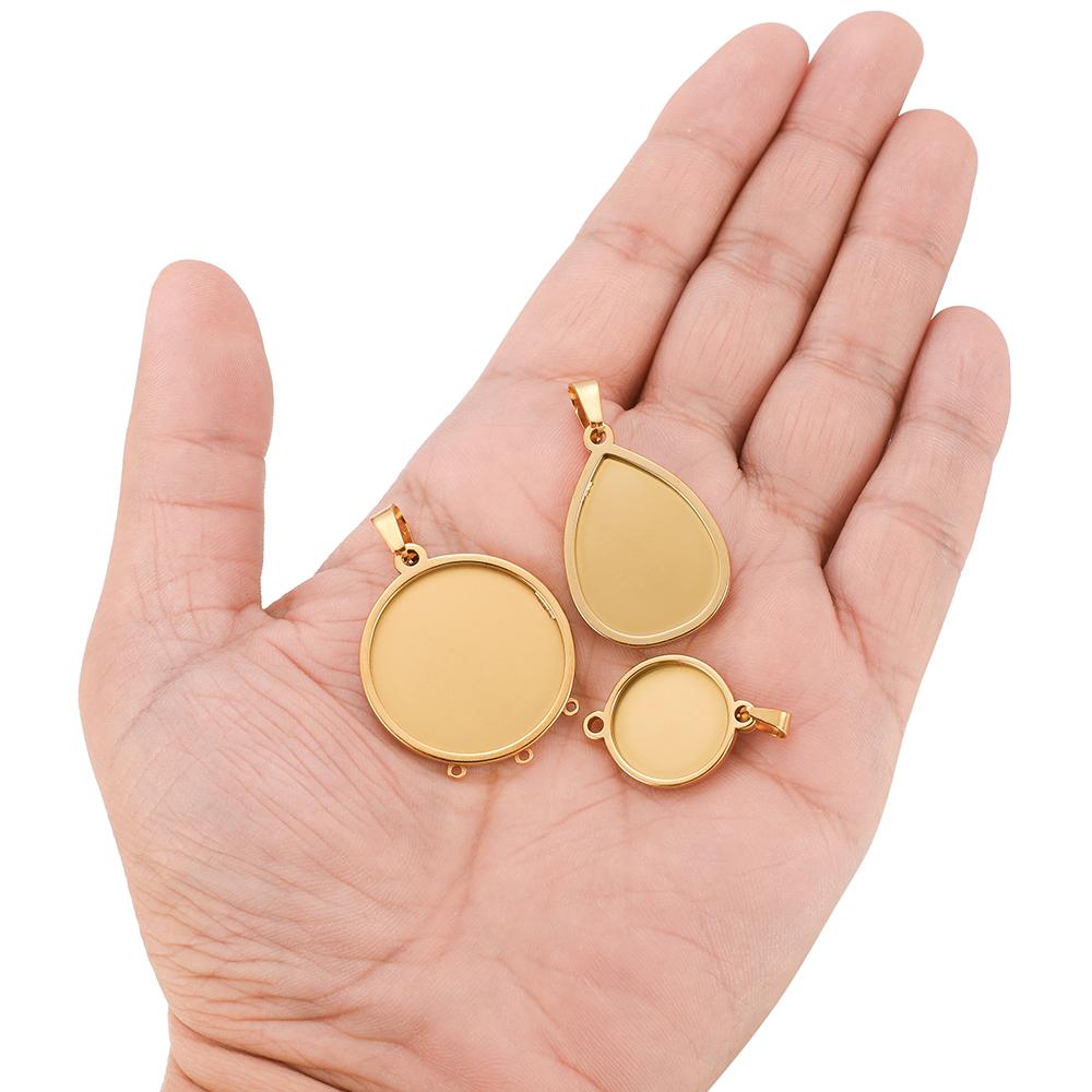 5Pcs Stainless Steel 18*25mm Drop Cabochon Cameo Base Setting Charms Round 15mm Connectors Pendant Necklace Jewelry Findings