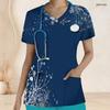 Women Plus Size Navy Blue Snowflake Printed Nurse Scrub Top V Neck Short Sleeve Front Pockets