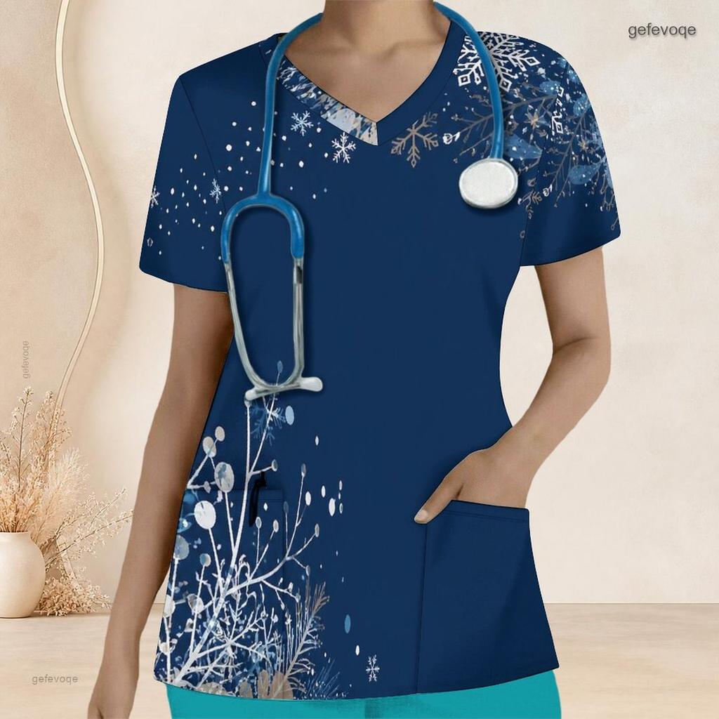 Women Plus Size Navy Blue Snowflake Printed Nurse Scrub Top V Neck Short Sleeve Front Pockets