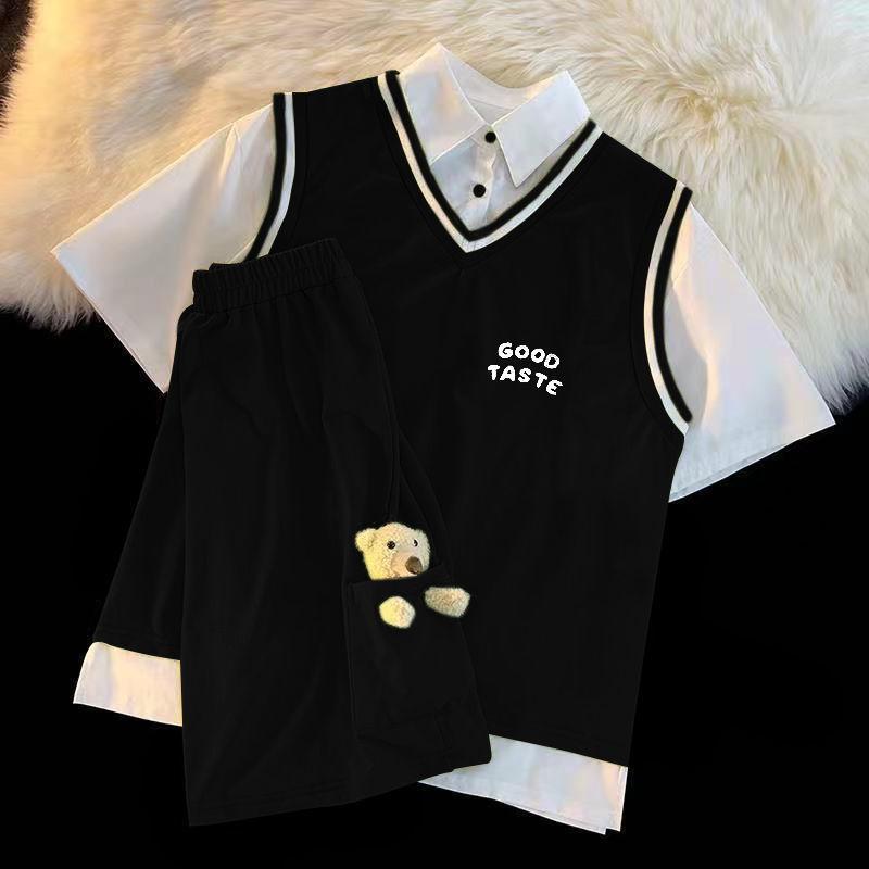 

Женские костюмы Спортивные костюмы Шорты «Маленький медвежонок» и поддельные две футболки Комплекты из двух предметов ПОЛО Корейская свободная футболка с коротким рукавом Лето XS чёрный