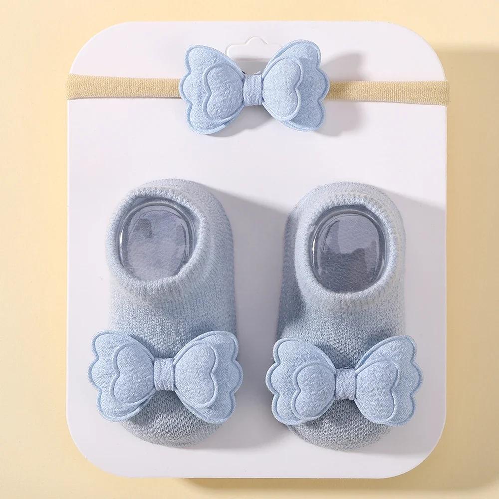 0-1Y Babe Soft Socks Headband Sets Solid Cotton Girls Breathable Socks Cute Bows for Infant Little Girl Clothing Accessories
