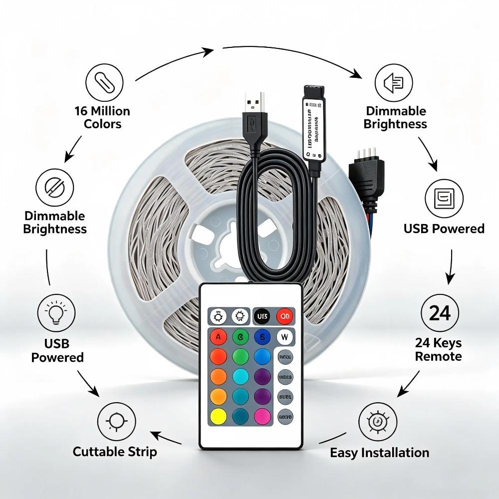1-30M USB RGB LED Light Strip with 24 Key Remote, Adjustable Color, Easy Installation, Bedroom Party Holiday Wedding Decorations