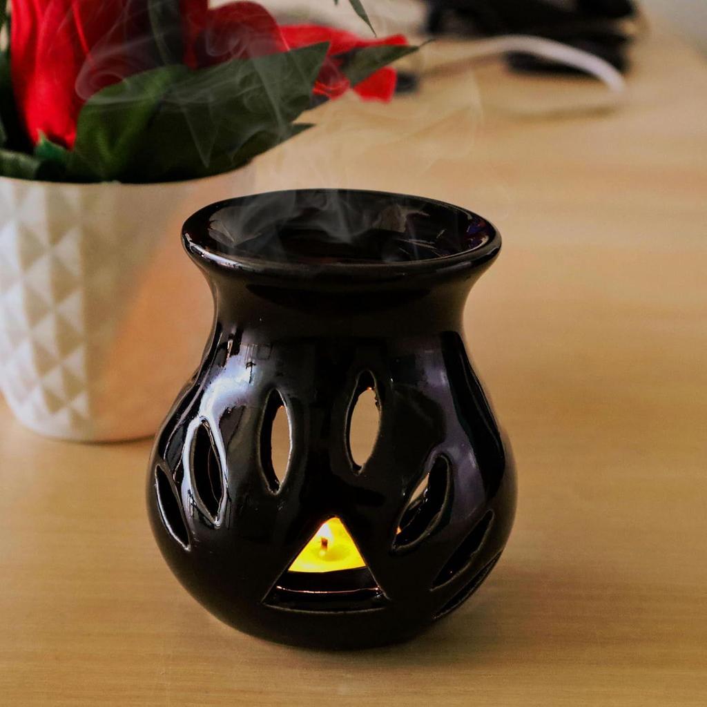 Ceramic Clay Candle Operated Aroma Burner (Black; 9 Cm)