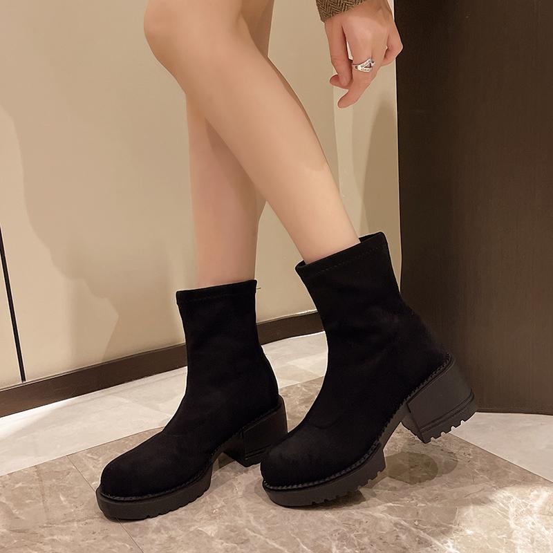 Fashion Aphixta 6cm Square Heel Black Ankle Boots Cotton Fabric Women Concise Platform Lady Footwear Shoes Women Warm Sock Boots Size 42