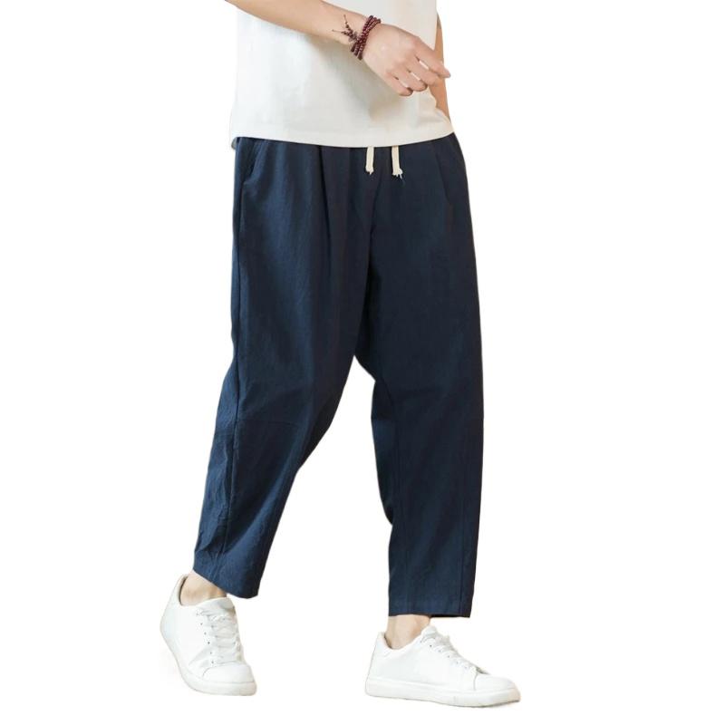 

New Cotton Linen Mens Pants Casual Solid Color Breathable Streetwear Loose Straight Drawstring Baggy Lightweight Sport Pants 5XL темно-синього кольору