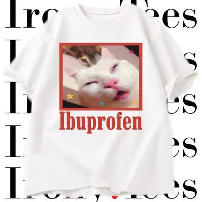 Koszulka Męska z Memem Kota Ibuprofen Casualowa Zabawna Koszulka z Grafiką Kota Moda O-Neck Męska Damska Odzież Unisex Streetwear