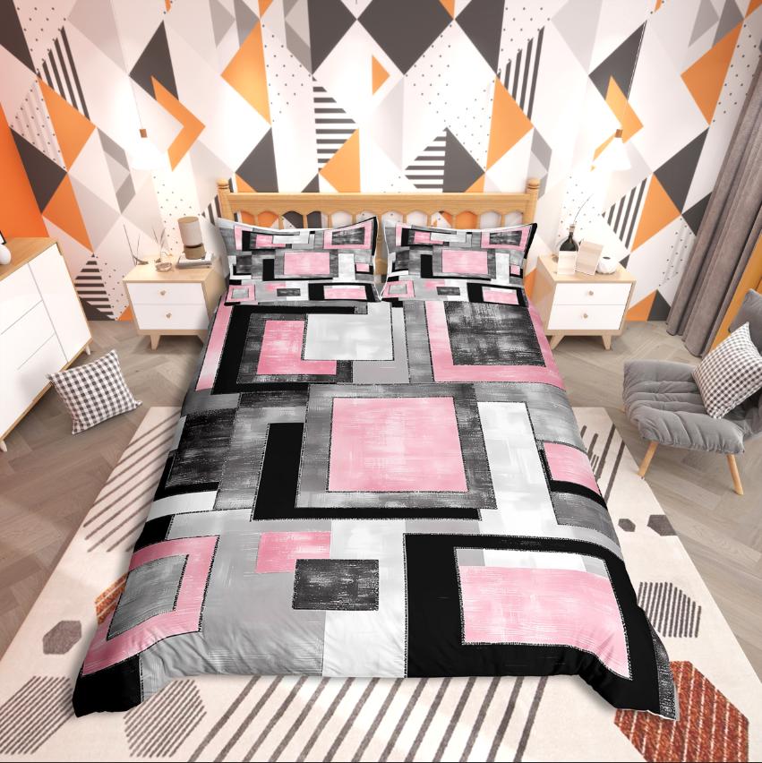 Homewish Geometric Rectangle Stripes Duvet Cover Set,Mid Century for Teens Bedding Set,Abstract Vintage Decor