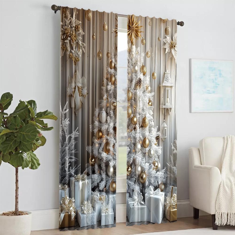 2 Stuks Klassieke Kerstboom en Sneeuwvlok Print Gordijnen Polyester Stangtunnel Wasbare Draperieën Voor Verschillende Kamers Elegant