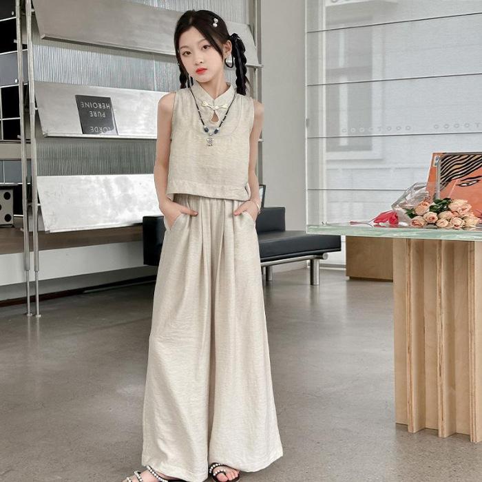 

Летняя одежда для девочек Модный детский летний комплект из двух предметов без рукавов с широкими брюками 170