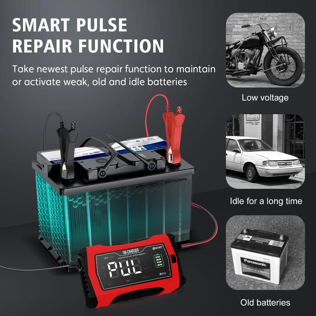 12V 24V 10A Automatické nabíjanie pre lítiové LiFePO4 AGM GEL olovené batérie Nabíjačka pre motocykle 7-stupňová nabíjačka autobatérií