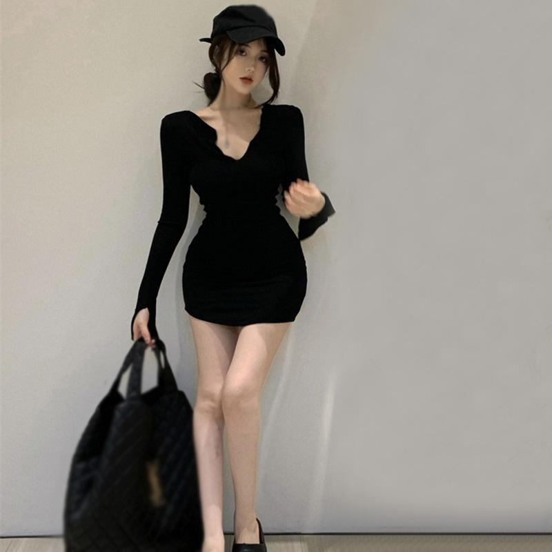 

Осеннее платье с v-образным вырезом, короткое платье с талией, однотонное, с длинными рукавами One Size