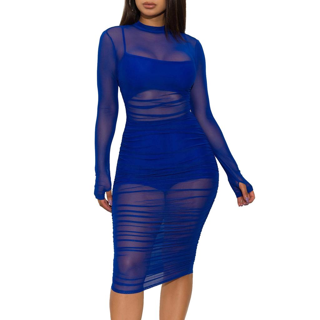 Women’s Sexy Three Piece Outfit Long Sleeve Sexy Sheer Ruched Mesh Dress with Vest and Shorts