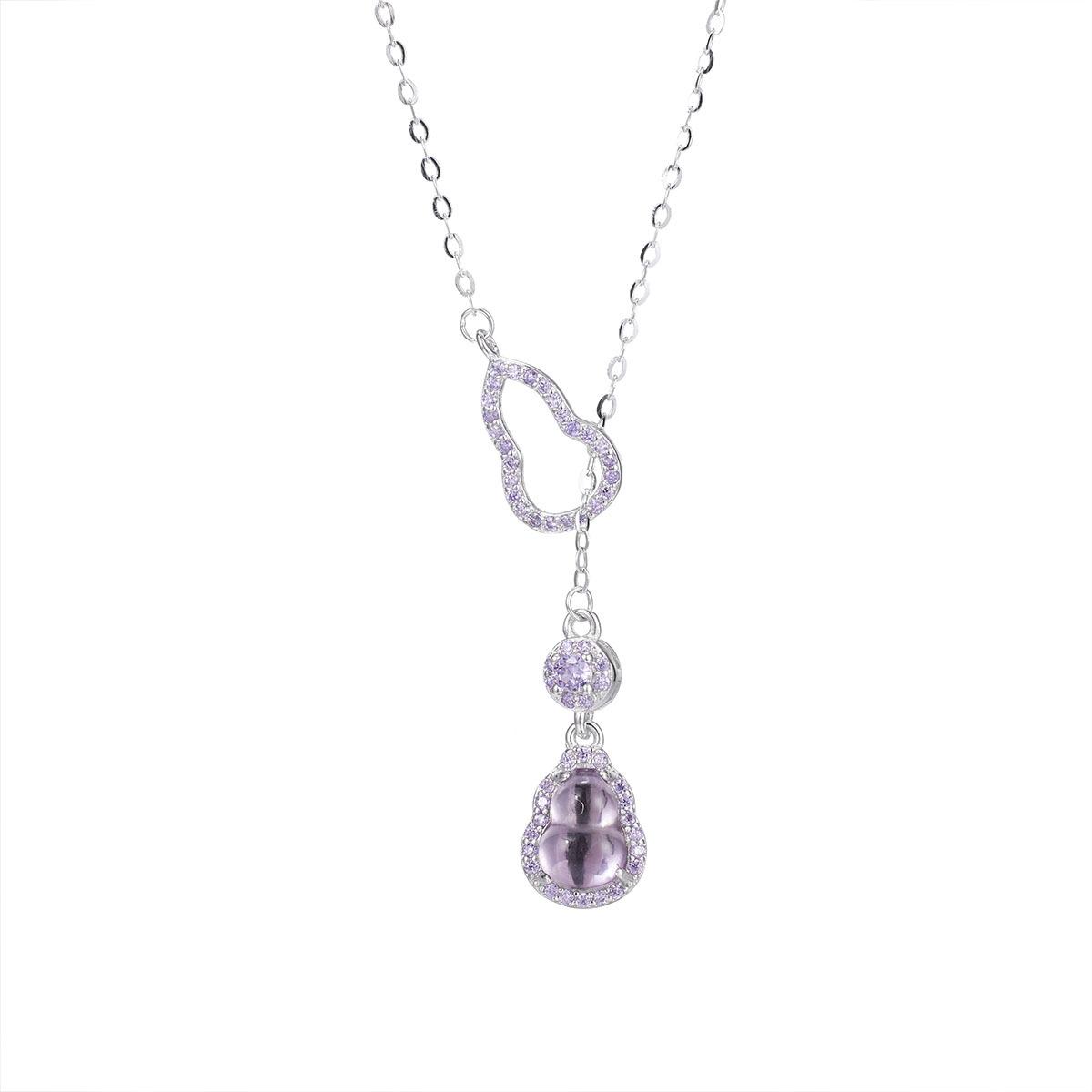 S925 Sterling Silver Amethyst Double Gourd Necklace, Jade Fortune Pendant, New Chinese National Trend Luxury Clavicle Chain For Women