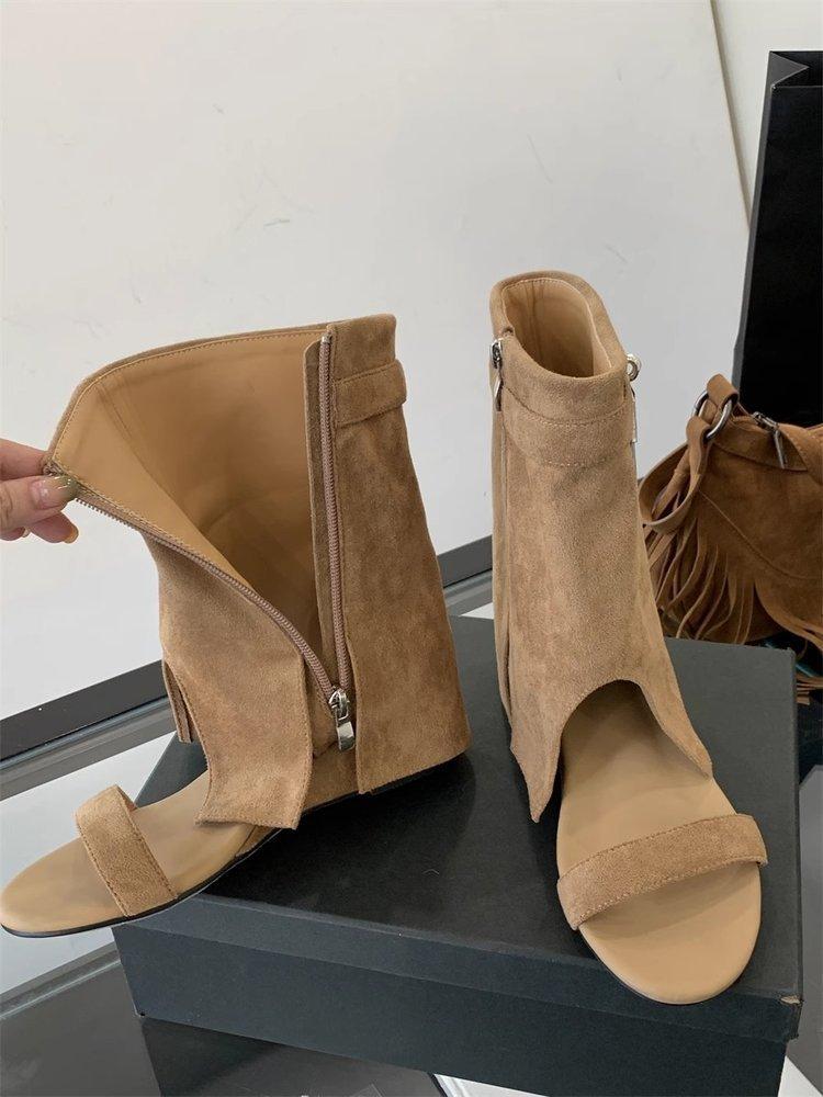 Thick Heel Black Internet Celebrity Hottie Open-toed Cool Boots Women's Shoes Summer Vacation Skirt High Heel Pants Short Boots